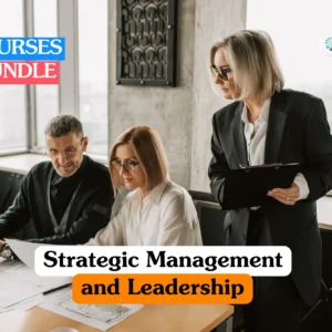Theoretical corporate leadership and organizational strategy training banner featuring a senior female executive in a black blazer and glasses holding a clipboard while reviewing technical documents with two seated colleagues in a professional office.