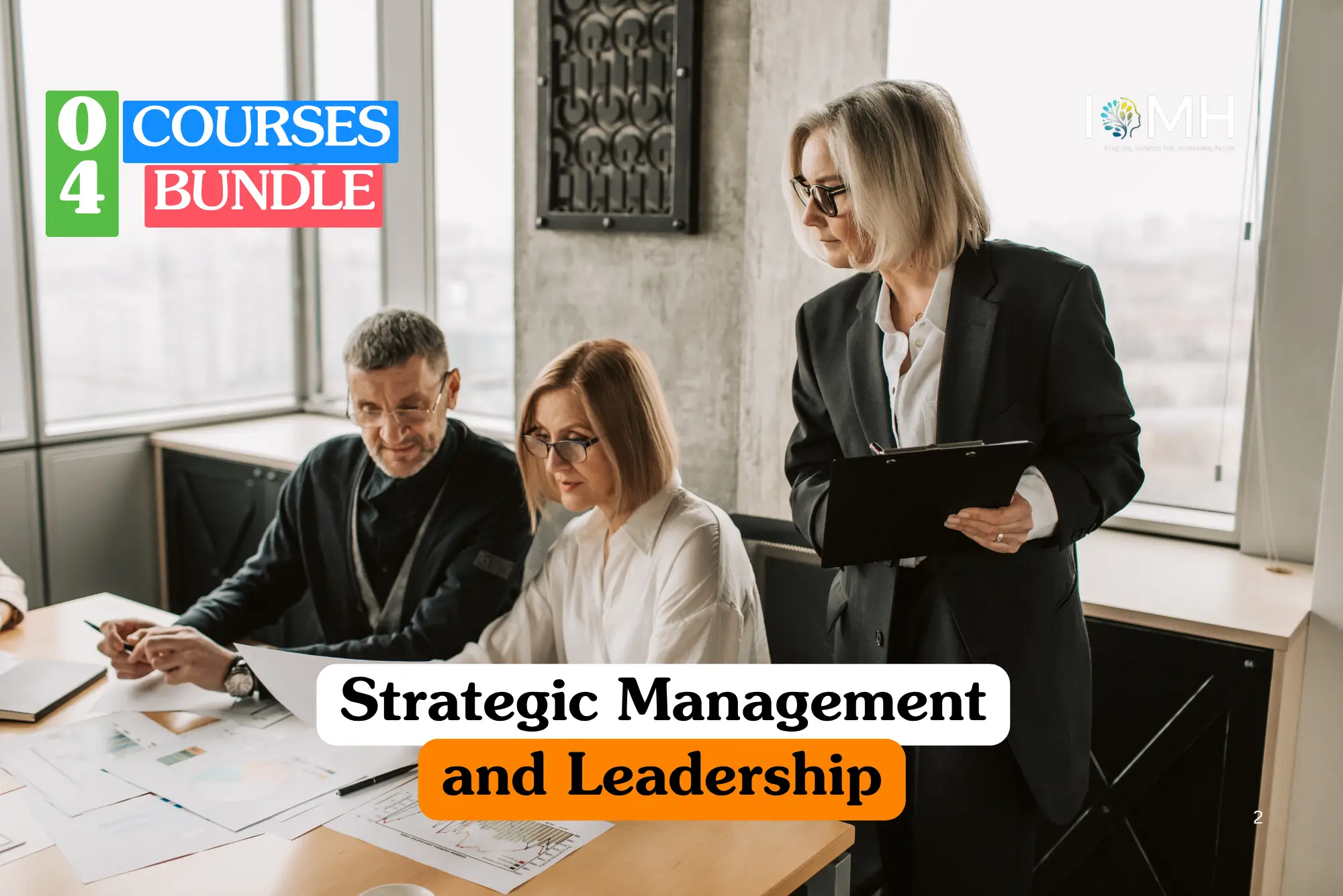 Theoretical corporate leadership and organizational strategy training banner featuring a senior female executive in a black blazer and glasses holding a clipboard while reviewing technical documents with two seated colleagues in a professional office.