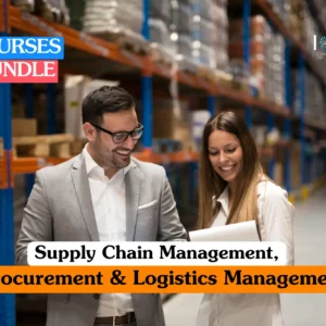 Theoretical logistics and global trade operations training banner featuring a professional man in a grey suit and a woman in a white blouse smiling while reviewing documentation in a large, modern distribution warehouse with high-stacked orange industrial shelving.