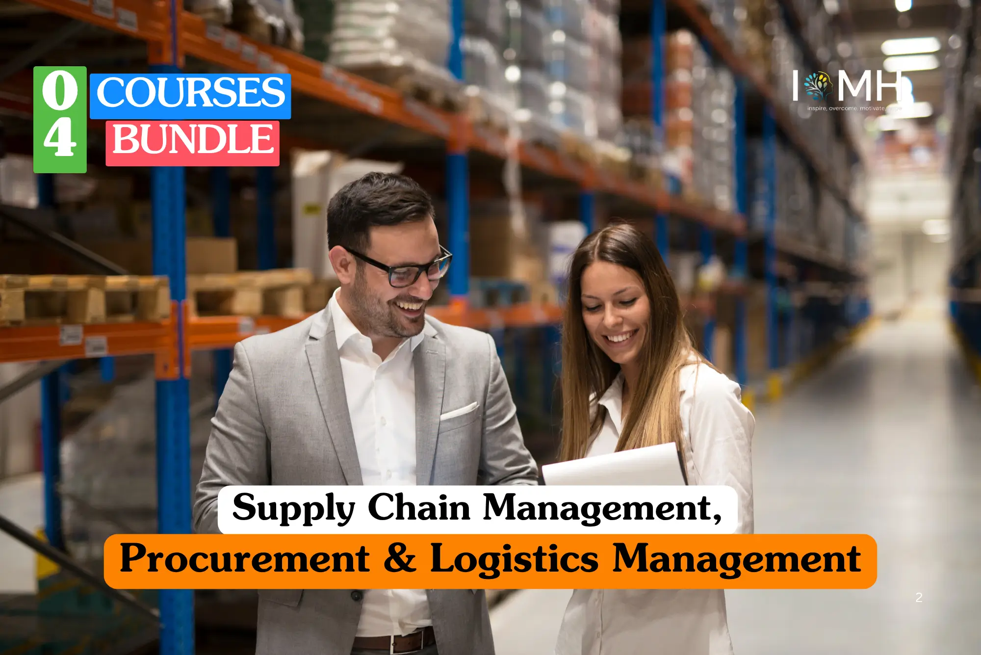 Theoretical logistics and global trade operations training banner featuring a professional man in a grey suit and a woman in a white blouse smiling while reviewing documentation in a large, modern distribution warehouse with high-stacked orange industrial shelving.
