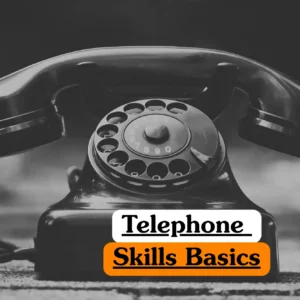 Customer service and communication training banner featuring a vintage black rotary dial telephone on a textured surface, presented in a professional black and white aesthetic.