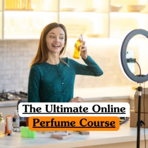 Theoretical fragrance chemistry and olfactory science training banner featuring a professional artisan in a bright studio using a precision pipette to blend essential oils from various glass apothecary bottles.