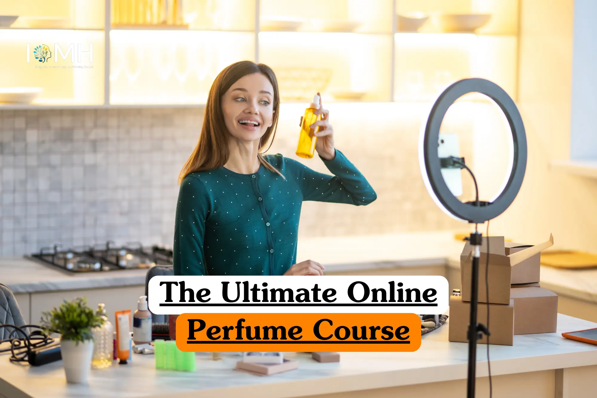 Theoretical fragrance chemistry and olfactory science training banner featuring a professional artisan in a bright studio using a precision pipette to blend essential oils from various glass apothecary bottles.