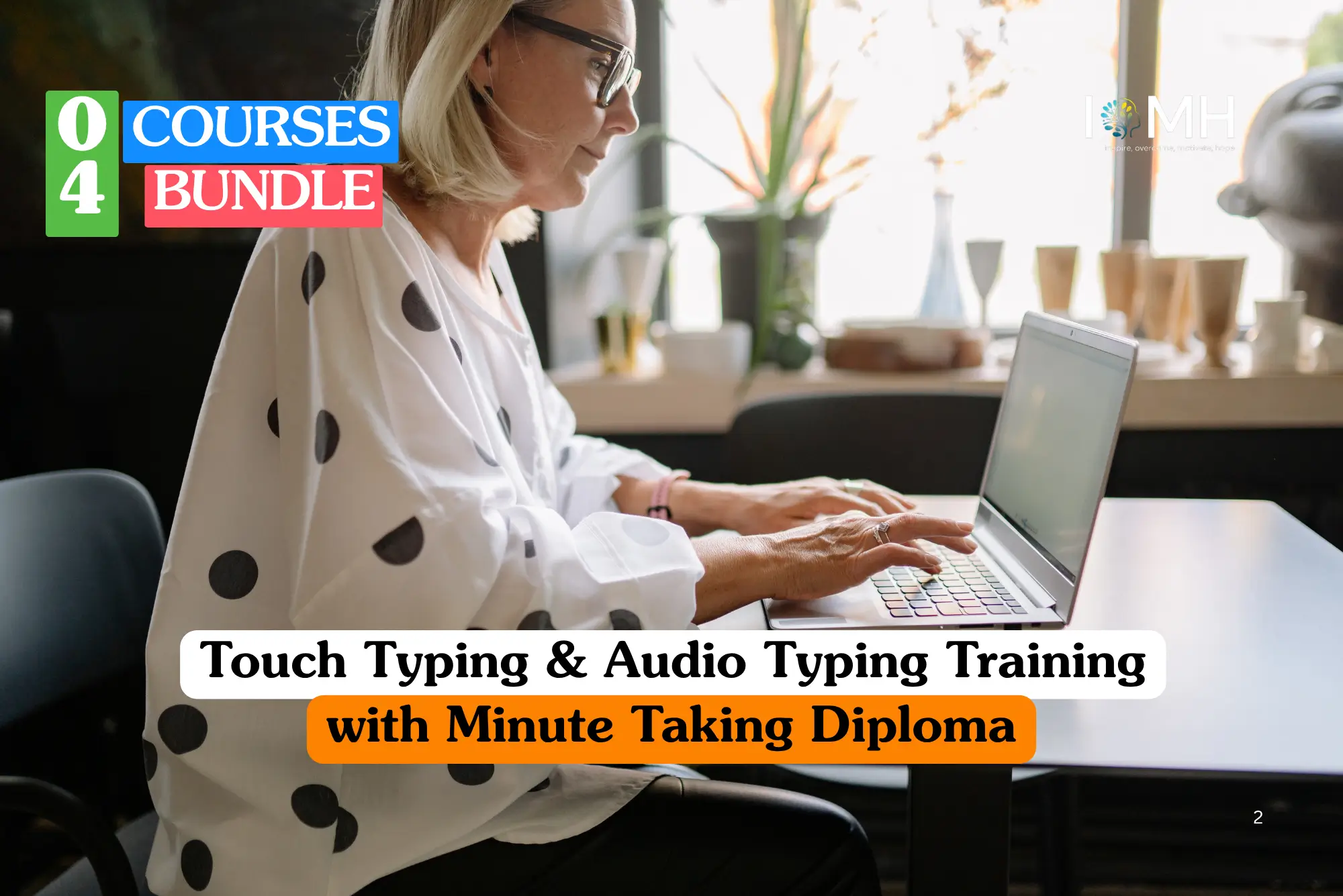 Theoretical office administration and secretarial skills training banner featuring a top-down view of a professional workspace with a person’s hands typing on a modern silver laptop alongside a notebook and a cup of black coffee.