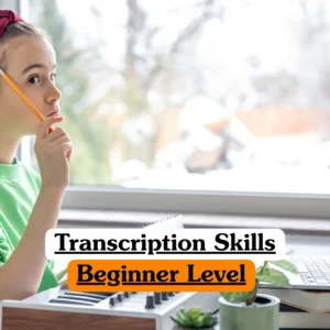 Theoretical professional administration and linguistics training banner featuring a young individual in a green sweater and red headband, thoughtfully utilizing a laptop and keyboard at a desk to study digital transcription techniques.