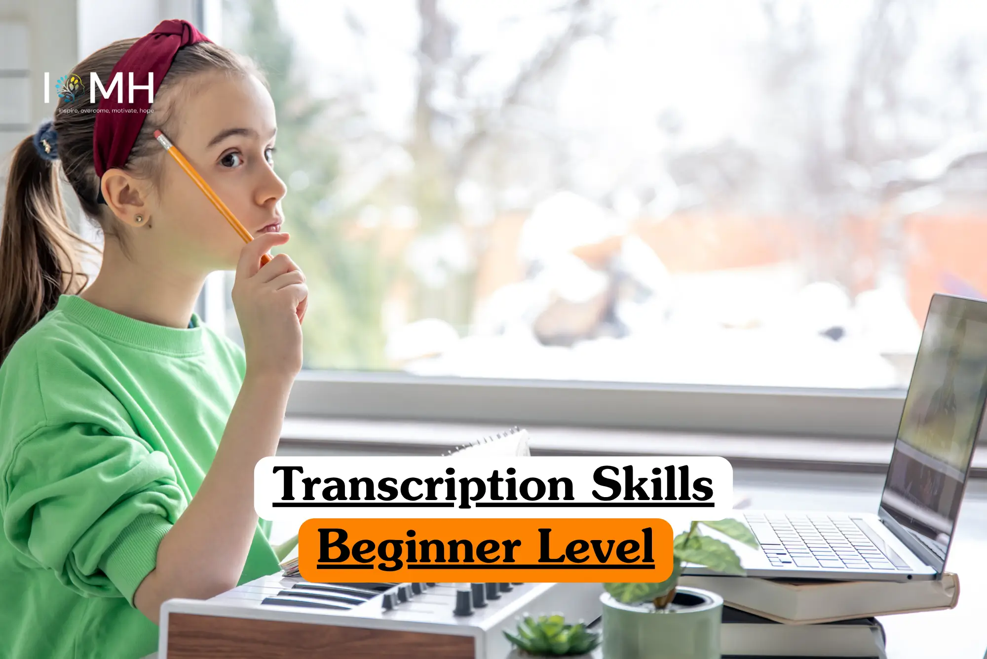 Theoretical professional administration and linguistics training banner featuring a young individual in a green sweater and red headband, thoughtfully utilizing a laptop and keyboard at a desk to study digital transcription techniques.