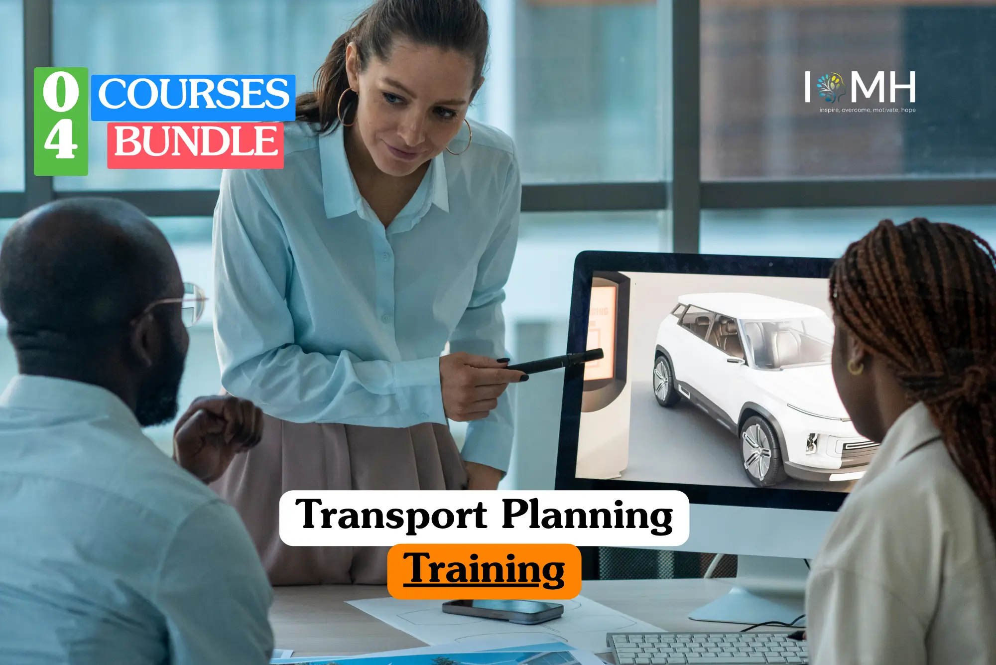 Theoretical urban logistics and infrastructure training banner featuring a female professional in a light blue shirt pointing at a digital vehicle model on a computer screen during a strategic meeting with colleagues.