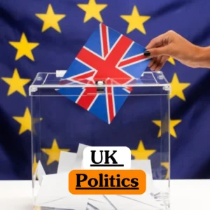 Theoretical political science and civic education training banner featuring a hand placing a ballot decorated with the Union Jack into a transparent voting box against the background of the European Union flag, representing the study of British governmental systems, electoral processes, and international relations.