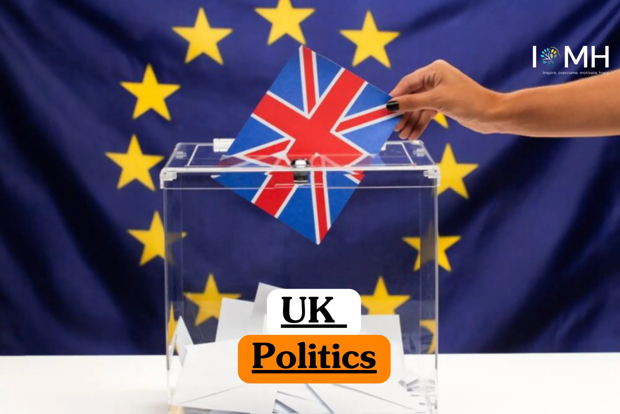Theoretical political science and civic education training banner featuring a hand placing a ballot decorated with the Union Jack into a transparent voting box against the background of the European Union flag, representing the study of British governmental systems, electoral processes, and international relations.