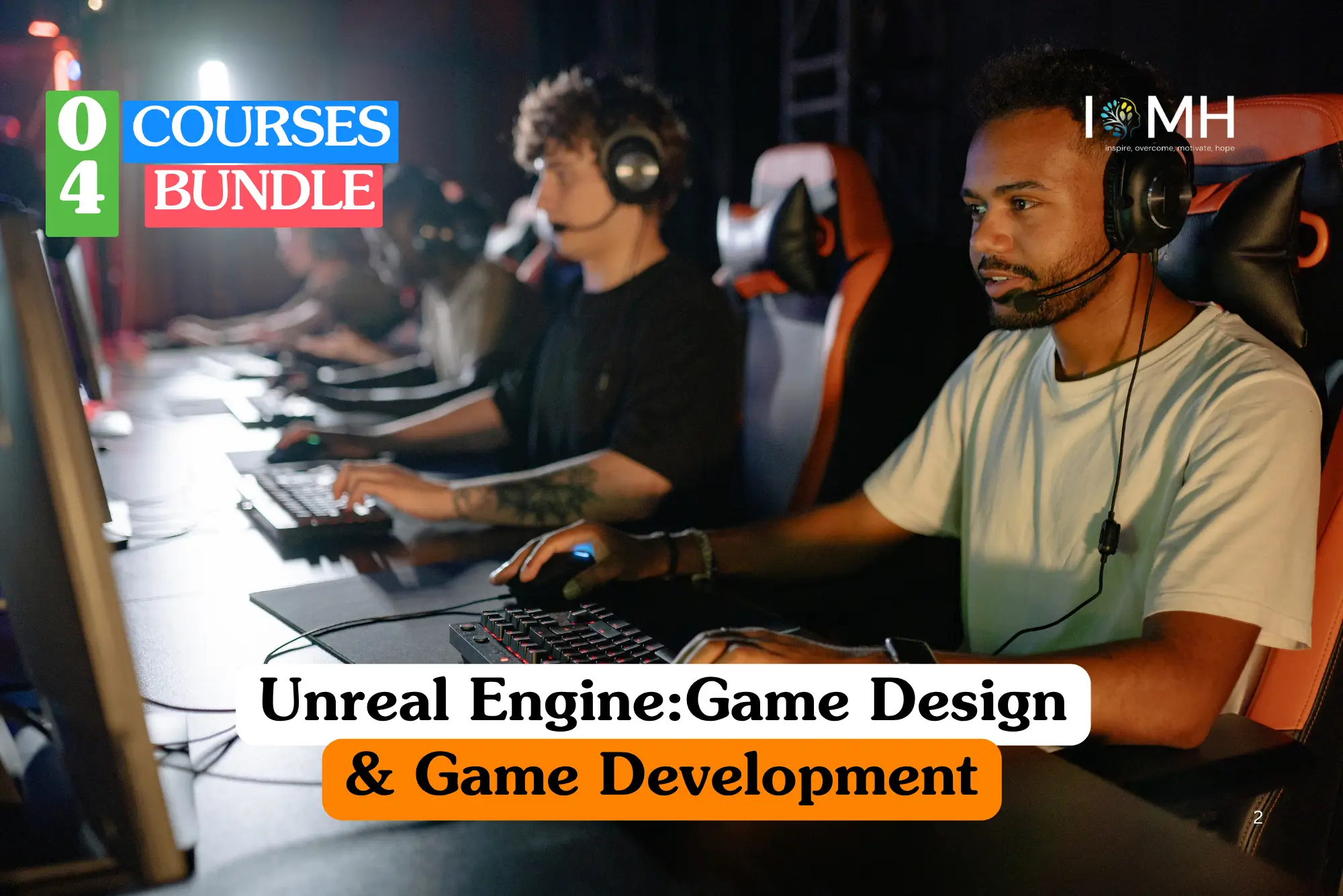 Theoretical software engineering and interactive media training banner featuring a group of young gamers in a professional gaming lounge, equipped with headsets and ergonomic chairs, focused on high-performance PC setups.