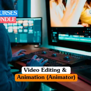 Theoretical digital media and post-production training banner featuring a dual-monitor professional workspace with video editing software timelines and a high-resolution laptop displaying creative animation projects.