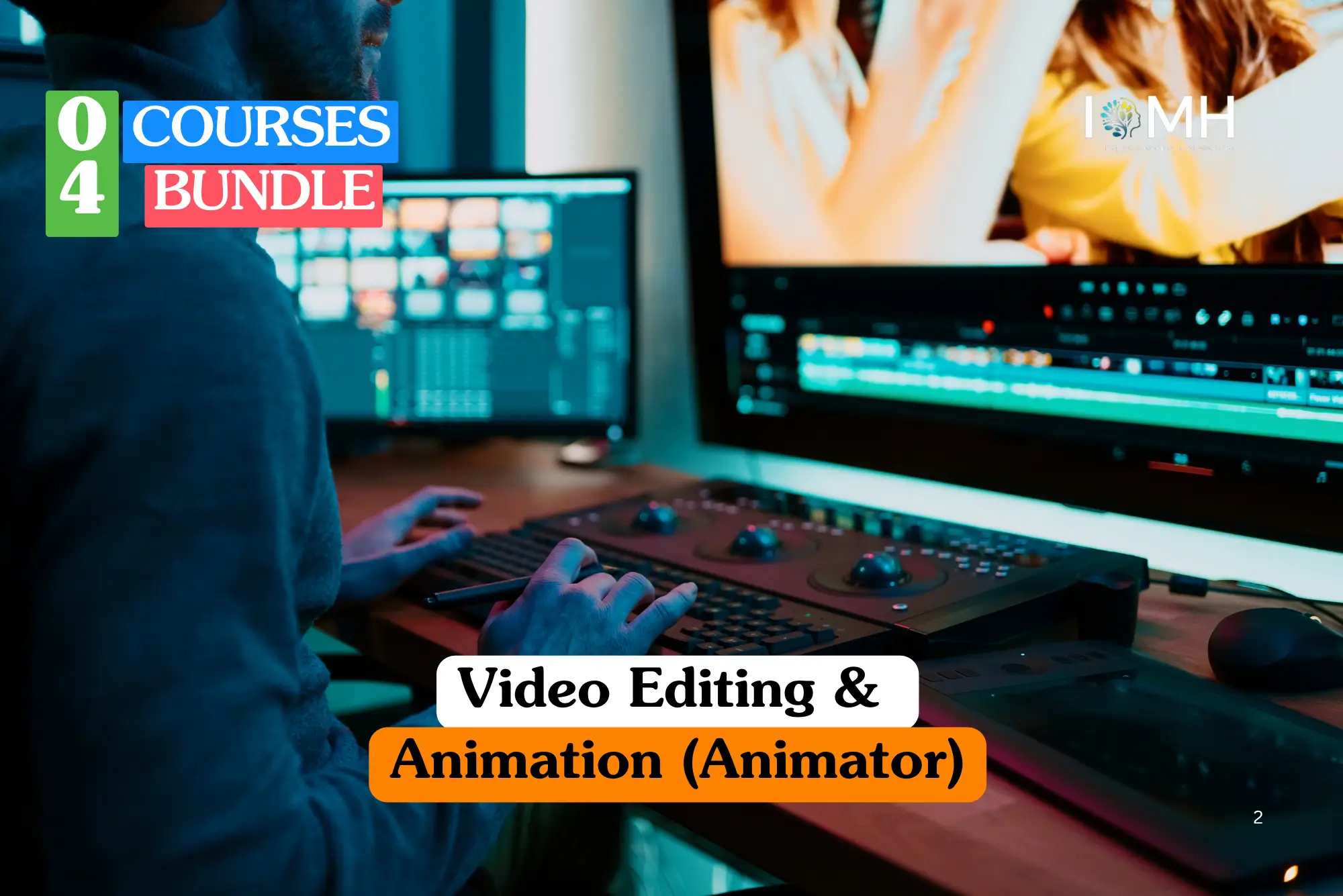 Theoretical digital media and post-production training banner featuring a dual-monitor professional workspace with video editing software timelines and a high-resolution laptop displaying creative animation projects.