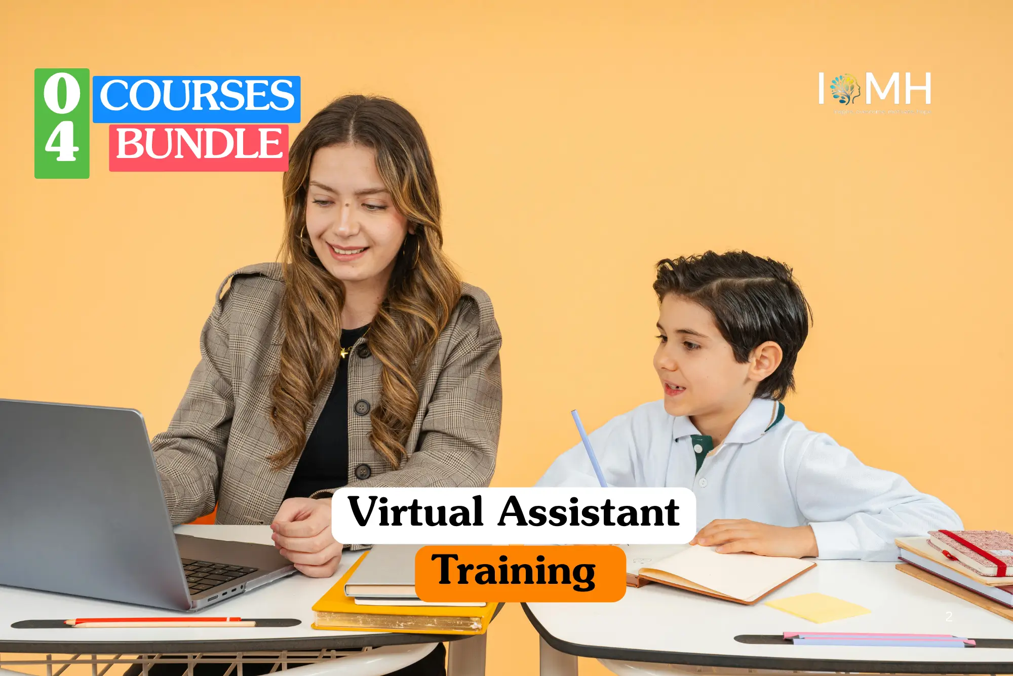 Theoretical administrative support training banner featuring a female professional mentor sitting at a desk with a laptop, guiding a young male student who is taking notes in a notebook.