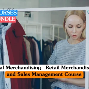Theoretical retail commerce and fashion management training banner featuring a blonde professional woman in a grey striped top organizing a clothing rack in a modern boutique.