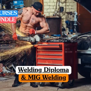 Theoretical industrial engineering and trade skills training banner featuring a professional welder using an angle grinder on a metal workpiece, producing bright sparks within an automotive workshop environment, representing the study of MIG welding techniques, metal fabrication, and workshop safety protocols.