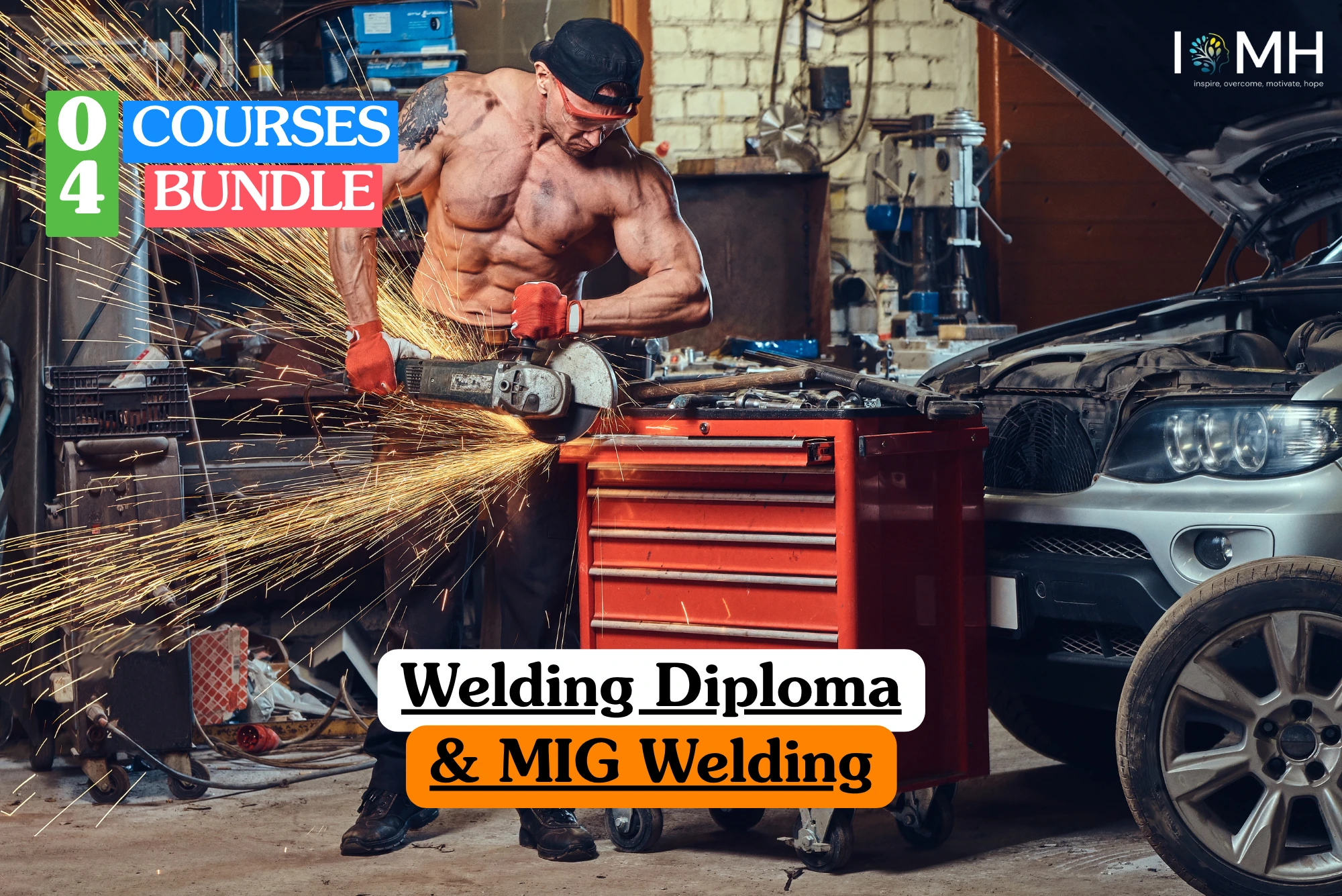 Theoretical industrial engineering and trade skills training banner featuring a professional welder using an angle grinder on a metal workpiece, producing bright sparks within an automotive workshop environment, representing the study of MIG welding techniques, metal fabrication, and workshop safety protocols.