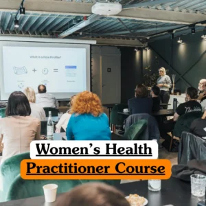 Theoretical healthcare and professional development training banner featuring a diverse group of adults in a seminar setting, watching a presentation on "What is a Role Profile?" displayed on a projector screen, representing the study of career frameworks and practitioner roles in women's health.