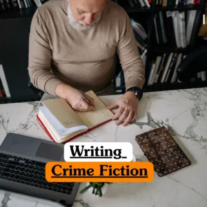 Theoretical creative writing and literary analysis training banner featuring an overhead view of a bearded male writer in a tan jumper, focused on writing in a notebook at a marble desk equipped with a laptop and smartphone.