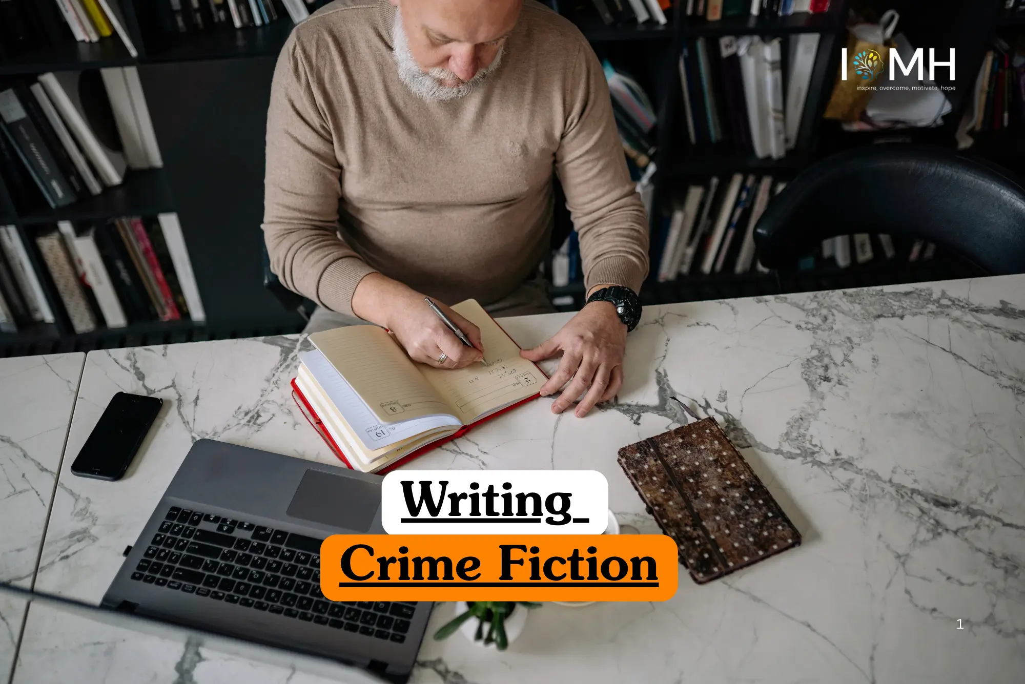 Theoretical creative writing and literary analysis training banner featuring an overhead view of a bearded male writer in a tan jumper, focused on writing in a notebook at a marble desk equipped with a laptop and smartphone.