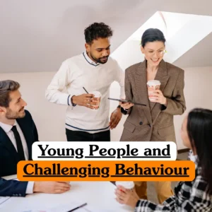 Theoretical youth work and behavioural management training banner featuring a group of four diverse professionals in a modern office, with a female lead in a brown blazer presenting data on a tablet while colleagues hold coffee cups.