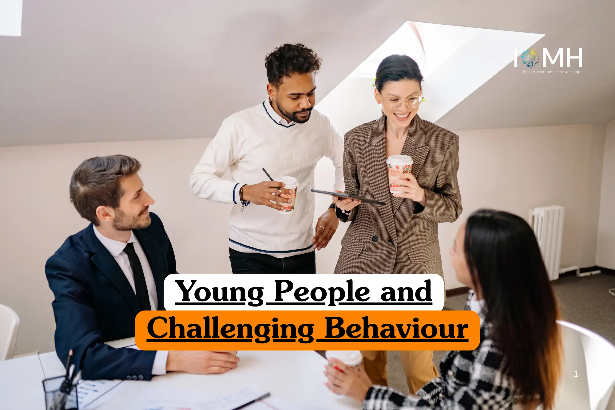 Theoretical youth work and behavioural management training banner featuring a group of four diverse professionals in a modern office, with a female lead in a brown blazer presenting data on a tablet while colleagues hold coffee cups.