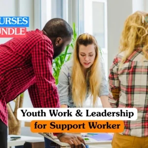 Social care and community leadership training banner featuring a diverse group of young adults, including a man in a red checkered shirt and a woman in a blue denim shirt, collaborating on a project in a bright office.