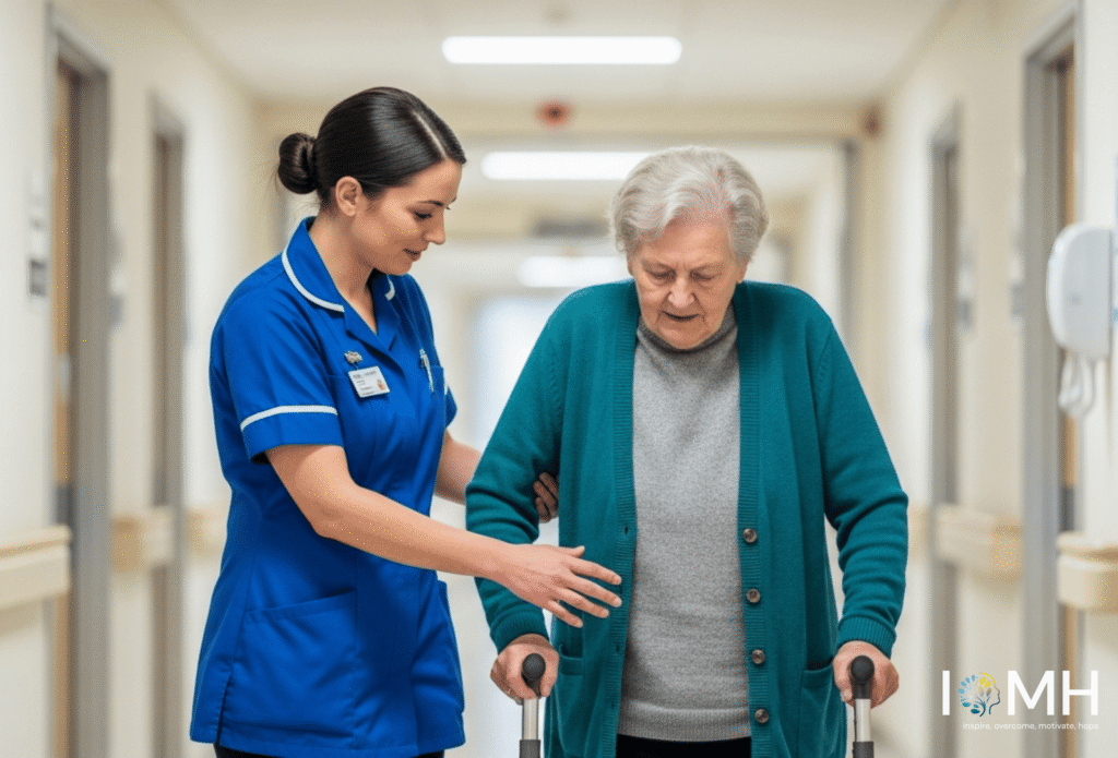 Healthcare assistant helping an elderly patient walk safely in a UK care facility