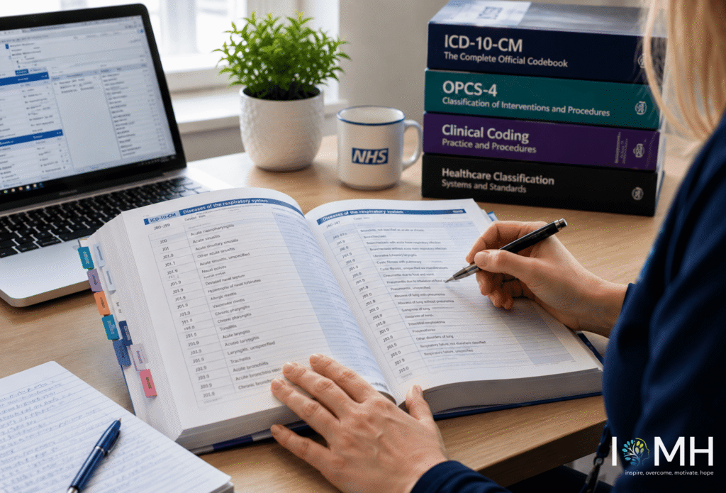 ICD-10 and OPCS-4 clinical coding books used for NHS clinical coding training in the UK