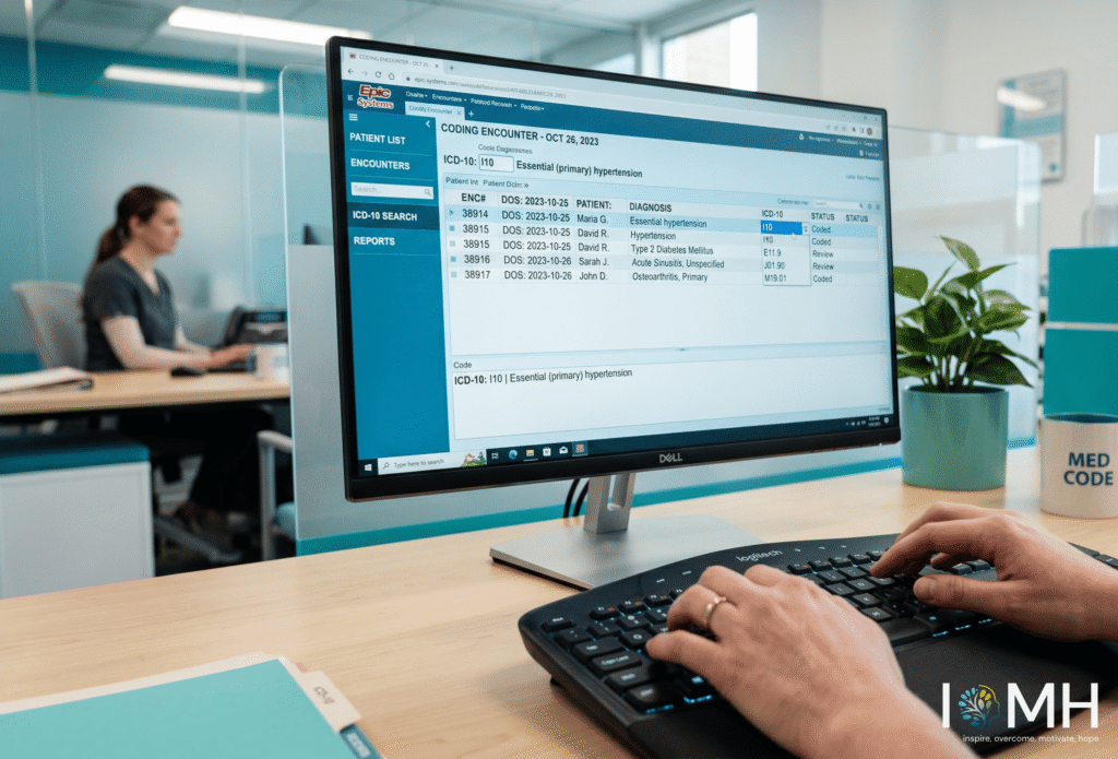 Healthcare coding software displaying ICD-10 patient coding records in a modern NHS office