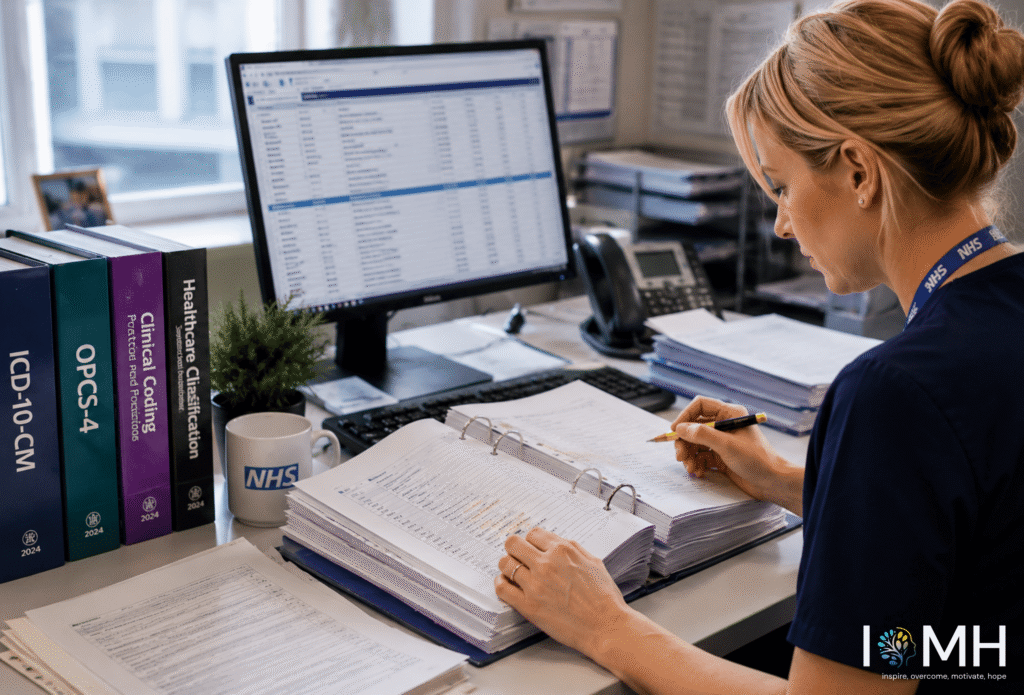 Clinical coder reviewing NHS patient records and healthcare coding documents in a UK office