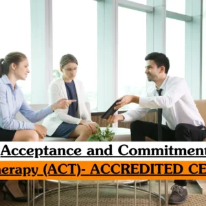 Theoretical mental health and clinical psychology training banner featuring three professionals engaged in a consultation within a bright, modern office setting.