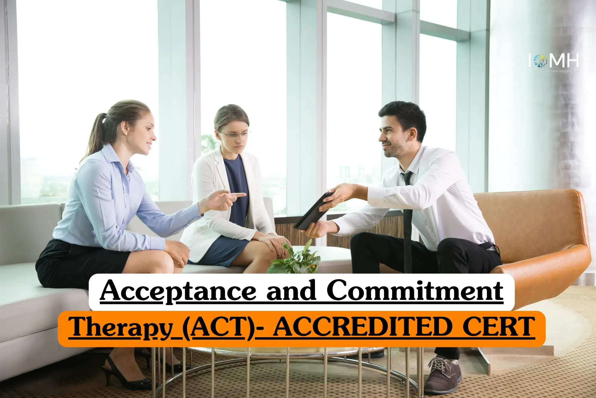 Theoretical mental health and clinical psychology training banner featuring three professionals engaged in a consultation within a bright, modern office setting.