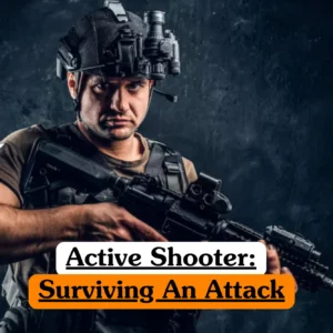 Theoretical emergency preparedness and public safety training banner featuring a man in tactical military gear, including a helmet with mounted night-vision optics and a tactical vest, holding a modern rifle against a dark textured background.