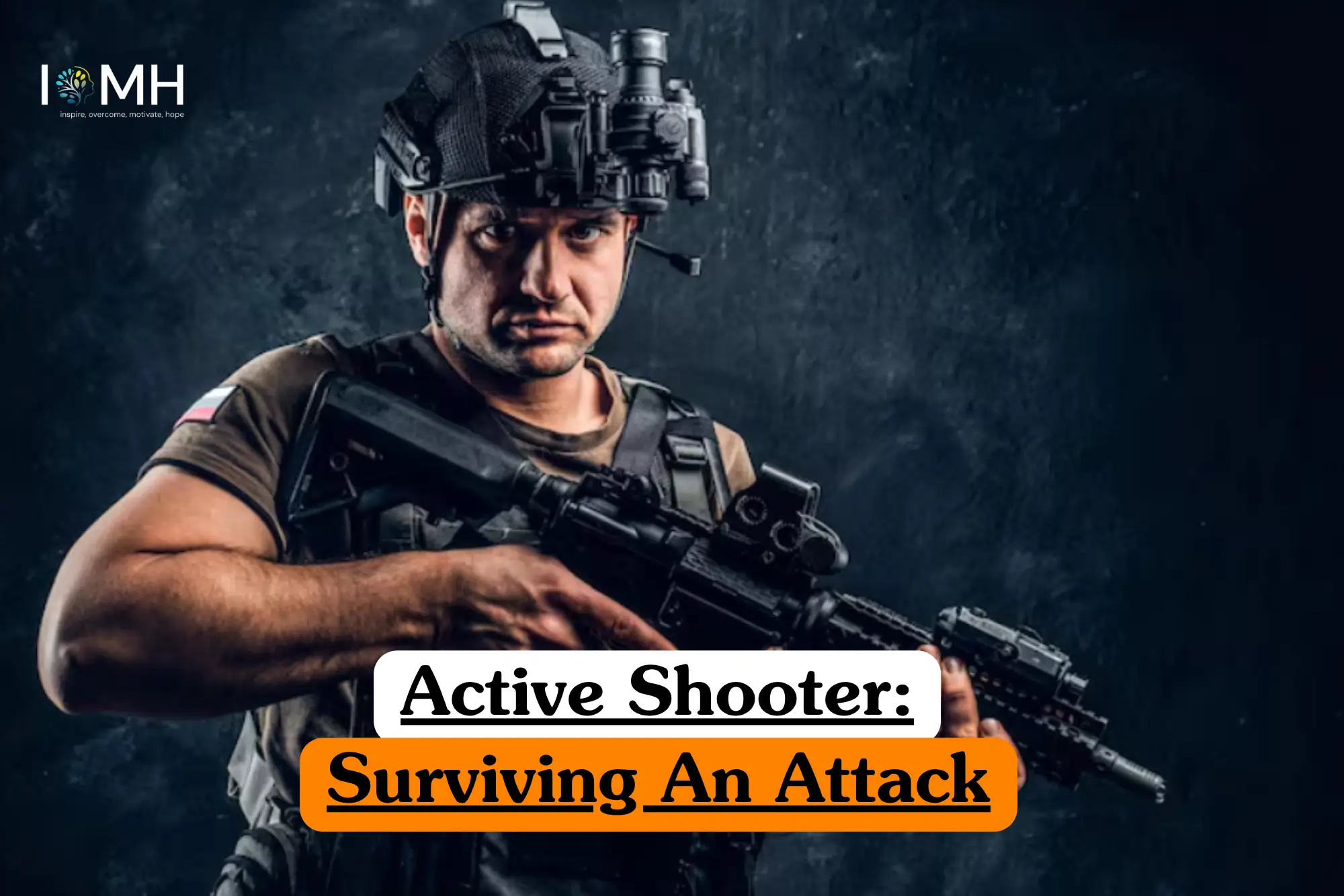 Theoretical emergency preparedness and public safety training banner featuring a man in tactical military gear, including a helmet with mounted night-vision optics and a tactical vest, holding a modern rifle against a dark textured background.