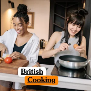 Two individuals preparing a meal in a kitchen to illustrate the theoretical concepts of British Cooking, culinary techniques, and food preparation.