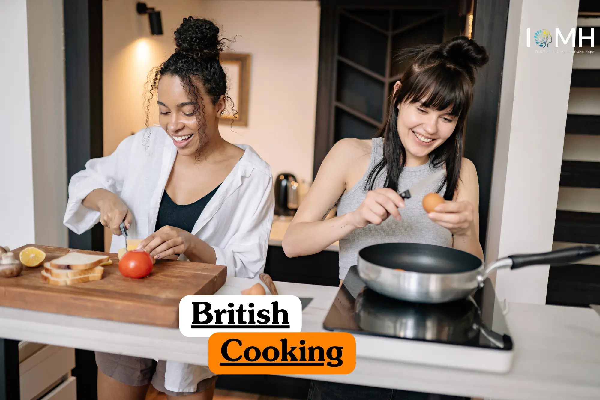 Two individuals preparing a meal in a kitchen to illustrate the theoretical concepts of British Cooking, culinary techniques, and food preparation.