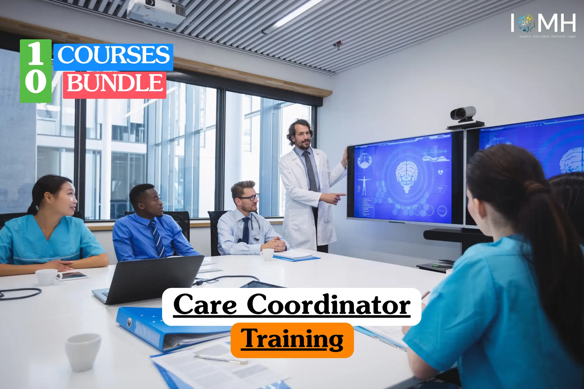 Theoretical healthcare administration and clinical management training banner featuring a male medical professional in a white lab coat leading a multidisciplinary team meeting.