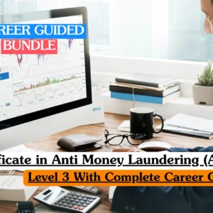 Theoretical financial compliance and risk management training banner featuring a male professional in a blue suit carefully analyzing complex financial charts and candlestick patterns on a desktop computer.