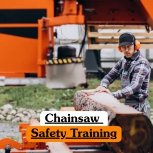Theoretical forestry and arboriculture safety training banner featuring a male worker in protective ear muffs and safety glasses operating a large industrial log mill, representing the study of chainsaw maintenance, safe cutting techniques, personal protective equipment (PPE) requirements, and hazard mitigation in timber processing.