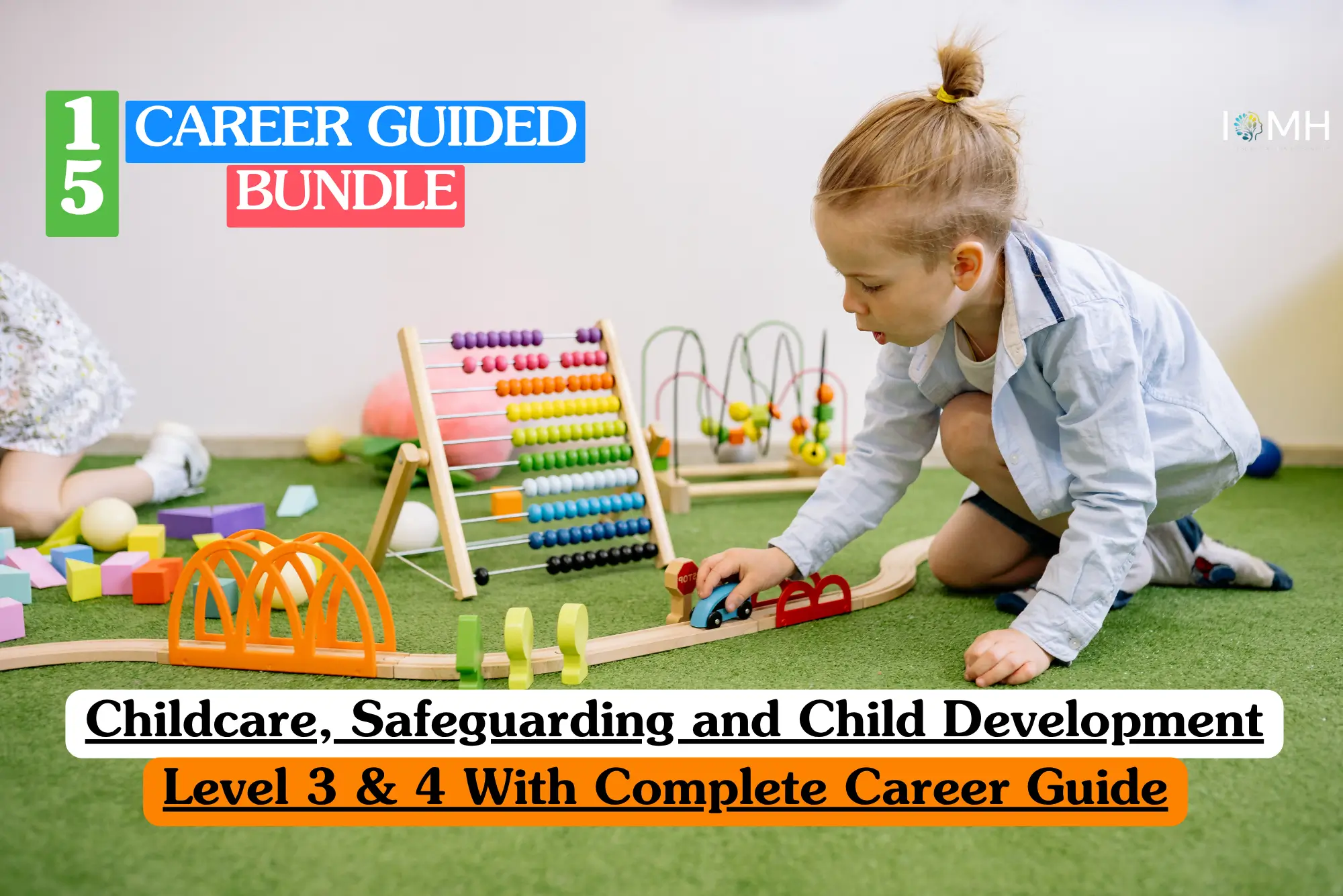 Theoretical early years and protective services training banner featuring a female professional educator sitting at a low table, smiling and engaging with two young children during a creative learning activity.