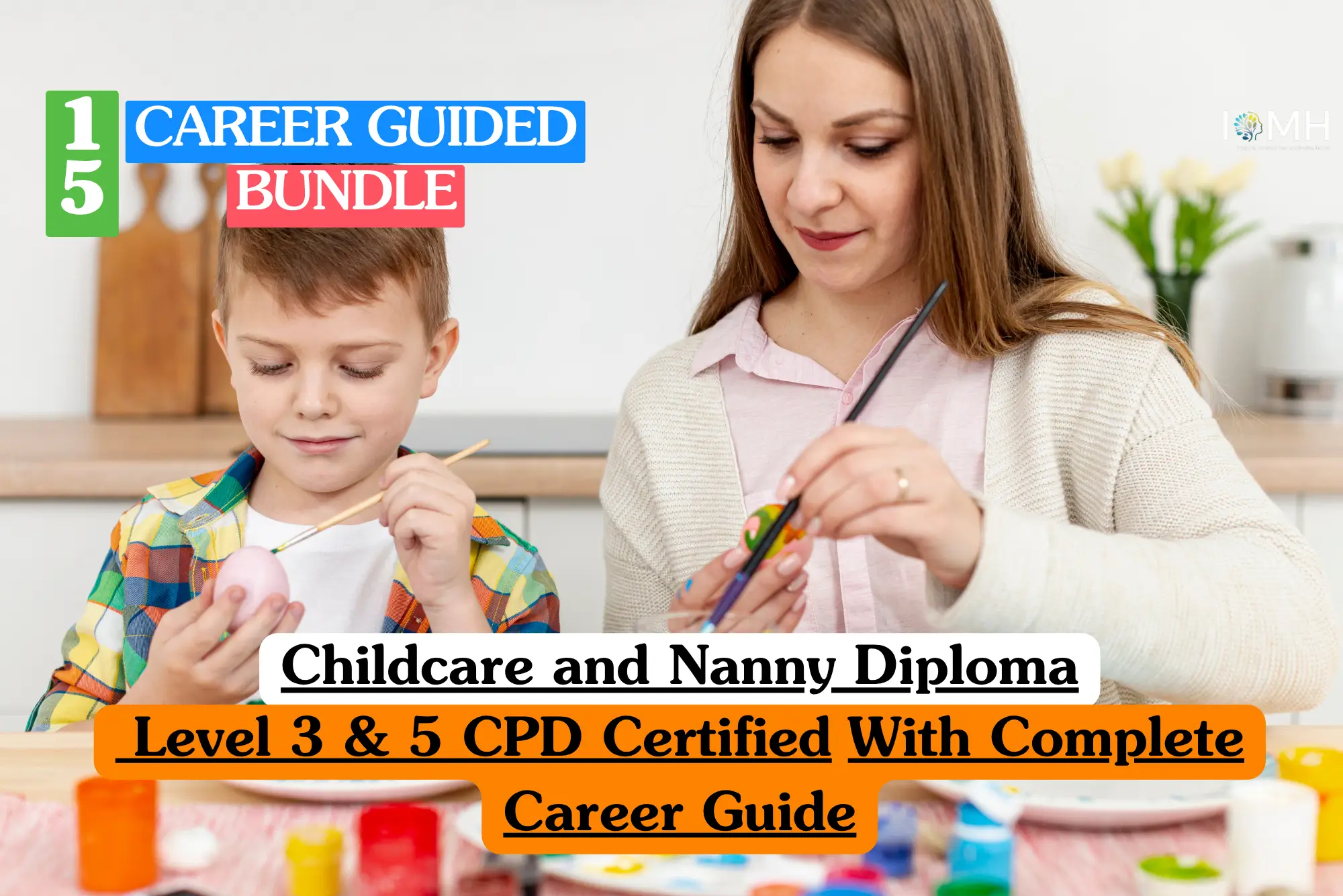Theoretical early childhood education and professional nanny care training banner featuring a smiling female educator or professional nanny interacting warmly with a young child in a brightly lit, modern nursery setting.