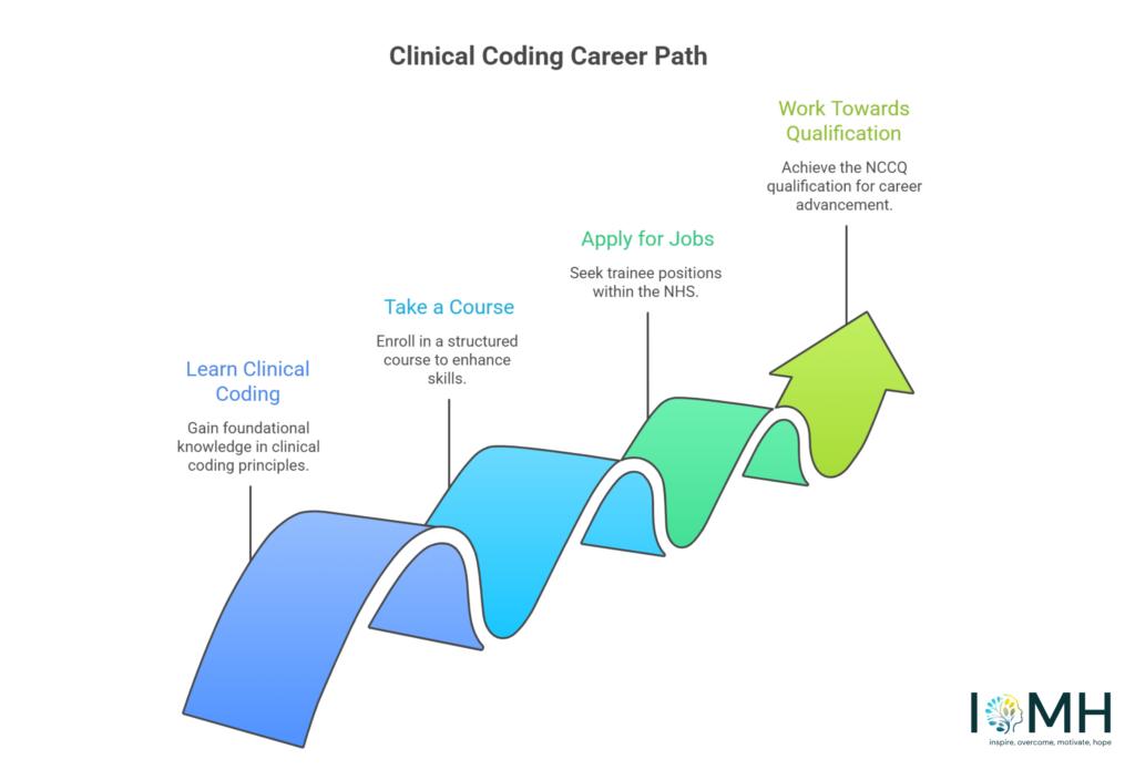 Clinical coding career path showing learning, courses, NHS trainee jobs, and NCCQ qualification