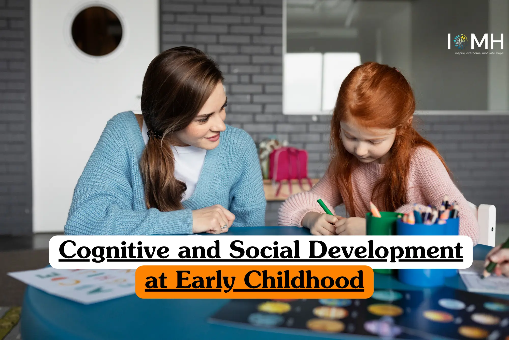 The group is engaged in a play-based learning activity with colorful blocks, representing the study of cognitive milestones, sensorimotor coordination, and spatial awareness.
