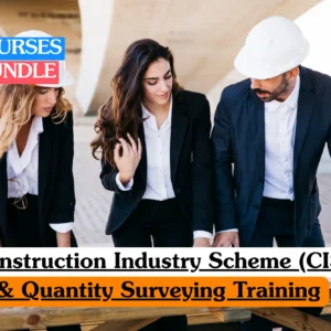 Theoretical construction management and financial compliance training banner featuring three professionals in business attire—two women and one man—reviewing architectural plans or project documentation outdoors.
