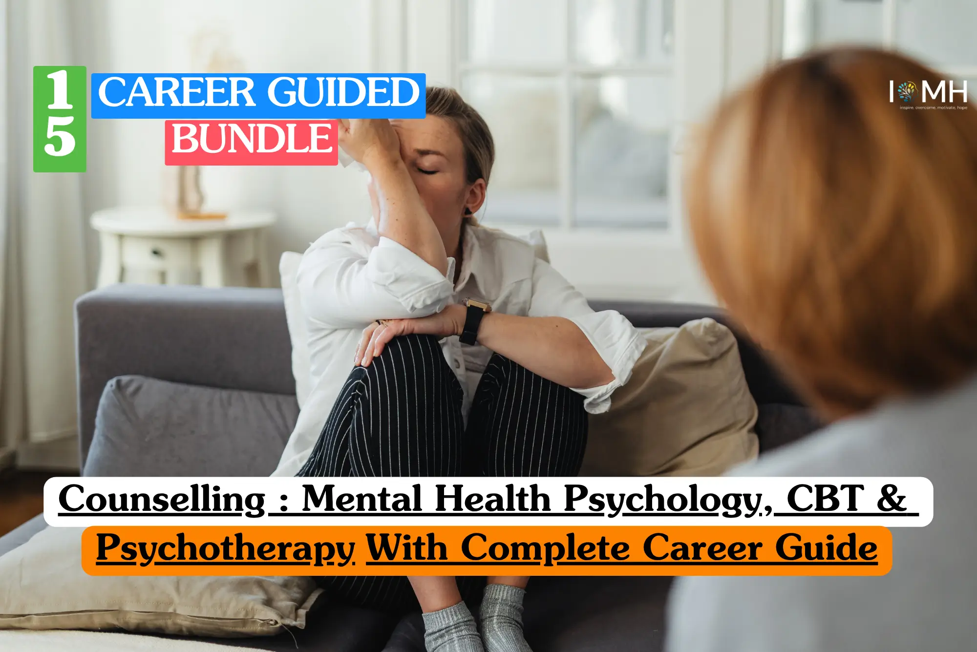 Theoretical psychological therapy training banner featuring a female therapist or counselor in a professional blazer, sitting in a modern, neutral-toned office.