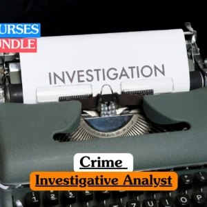 Theoretical criminology and forensic science training banner featuring a vintage olive-green manual typewriter with a sheet of paper in the roller that has the word "INVESTIGATION" typed in large capital letters.