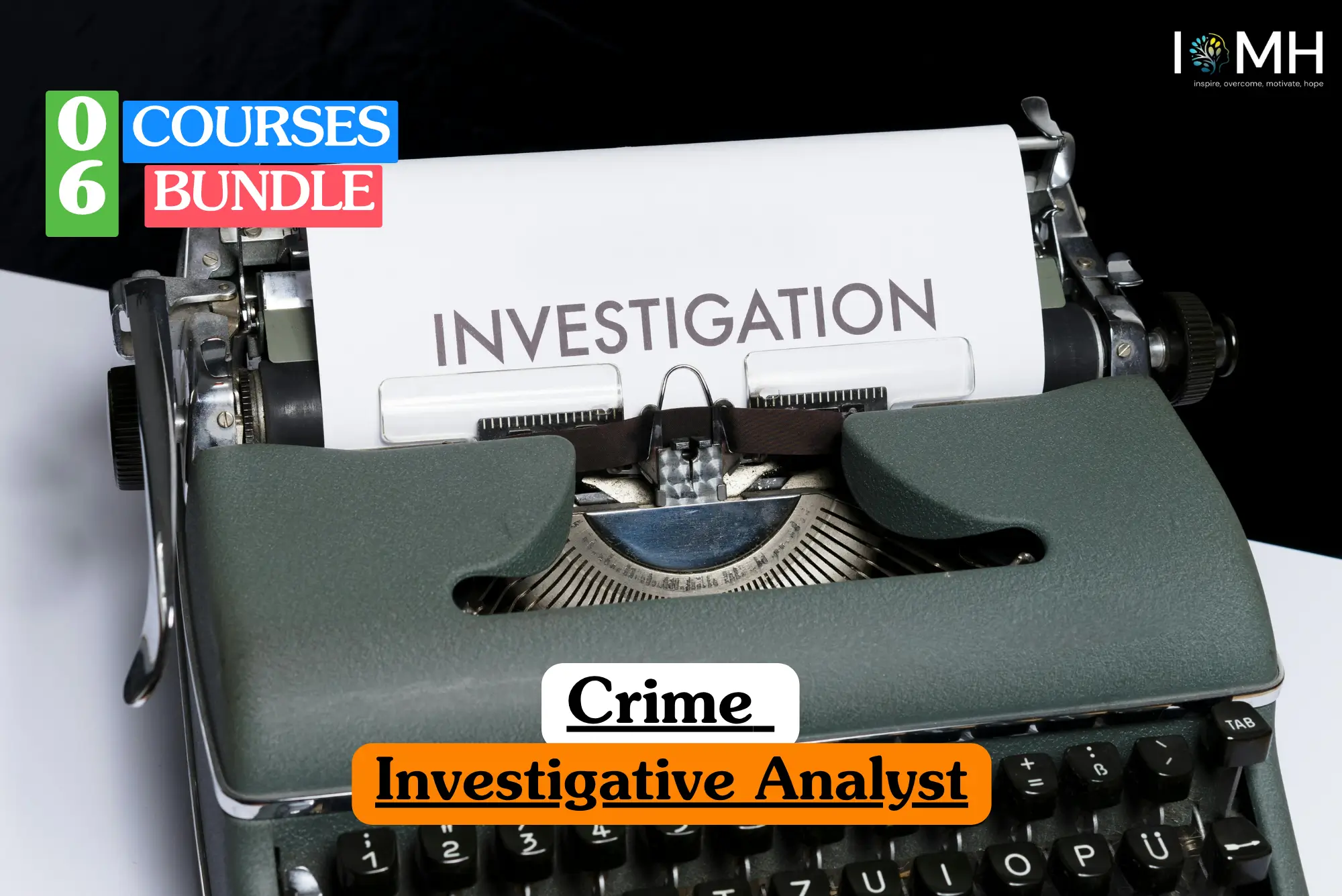 Theoretical criminology and forensic science training banner featuring a vintage olive-green manual typewriter with a sheet of paper in the roller that has the word "INVESTIGATION" typed in large capital letters.