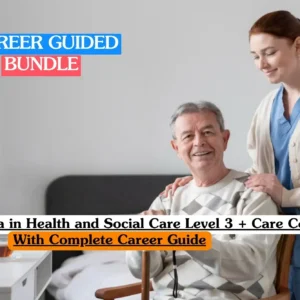 Health and Social Care Level 3 Diploma and Care Certificate career bundle banner with caregiver supporting older adult in bright room with bedside table and career guide offer.