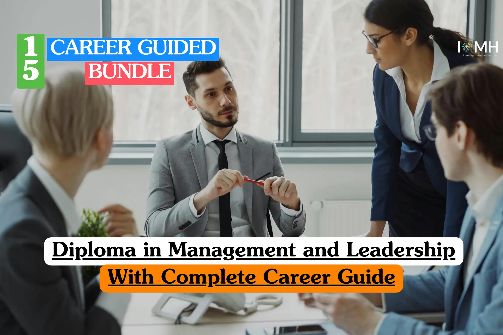 Theoretical management and leadership training banner featuring a diverse, professional team of four sitting together on a modern sofa in a bright, open-plan office.