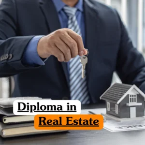 Theoretical real estate and property brokerage training banner featuring a male professional in a dark suit and striped tie seated at a desk.